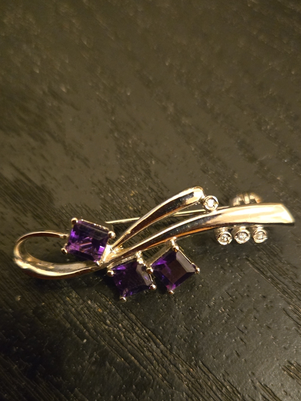 Gold-Tone Brooch with Purple Square Stones and Crystal Accents